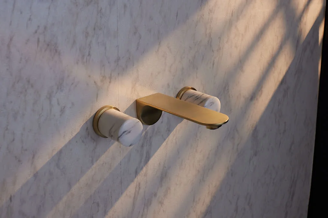 Aquant Statement Wall-Mounted Basin Mixer, Crystal Handles · Gold · Amber crystal