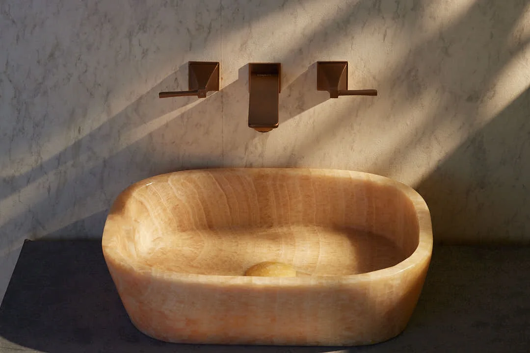 Aquant Statement Honey Onyx Wash Basin · Honey Onyx — Natural onyx — every piece is unique.