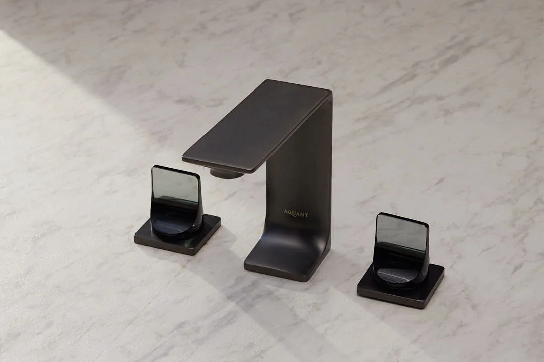 Aquant Statement Three-Hole Basin Mixer · Matt Black — Deck-mounted three-hole mixer with flat lever handles.