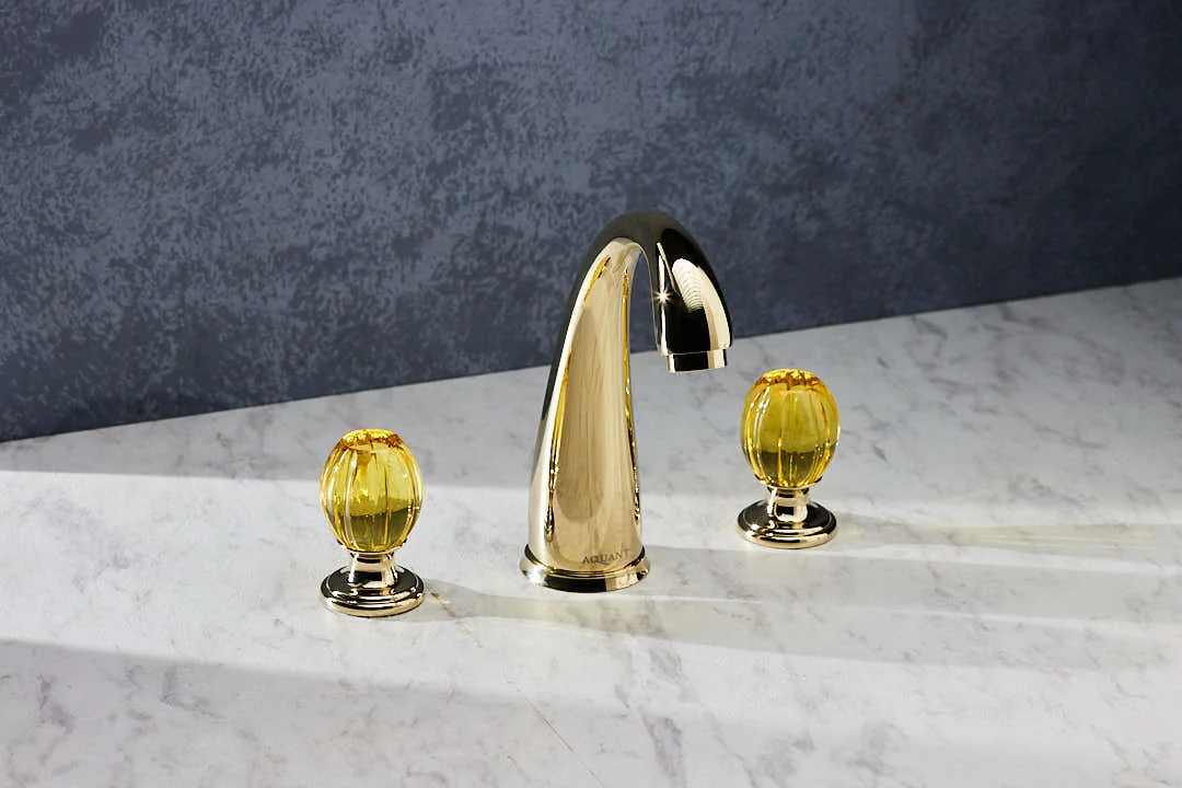 Aquant Statement Three-Hole Basin Mixer, Crystal Handles · Chrome · Amber crystal — Deck-mounted three-hole mixer with crystal handles.